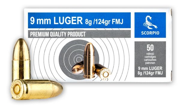STV, Scorpio Kaliber 9 mm Luger 8g/ 124gr FMJ/ Schachtel zu 50 Patronen